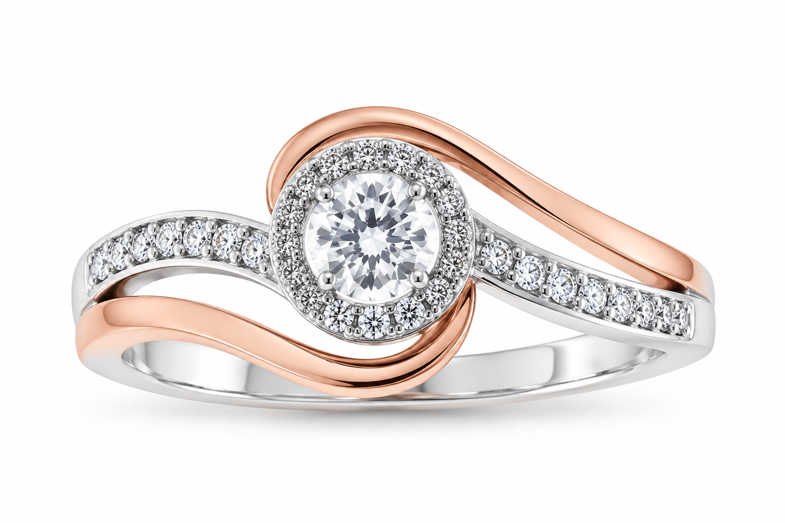 Two-Tone Swirl Diamond Halo Ring in White and Rose Gold