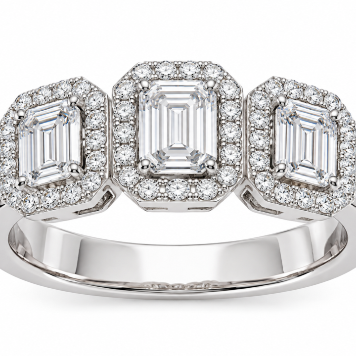 Three-Stone Emerald-Cut Diamond Halo Ring