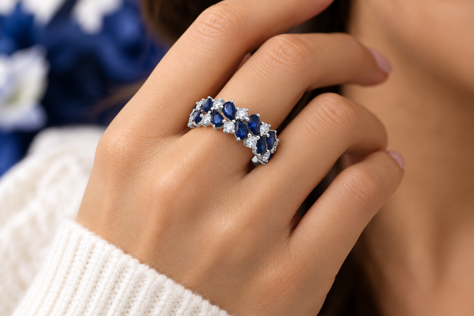 Pear-Cut Blue Sapphire & Diamond Cluster Band - Image 2