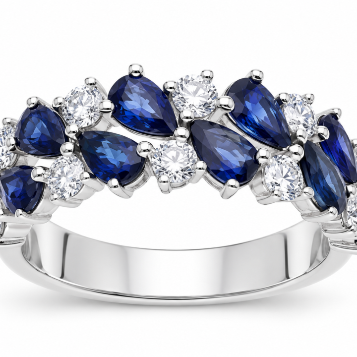Pear-Cut Blue Sapphire & Diamond Cluster Band
