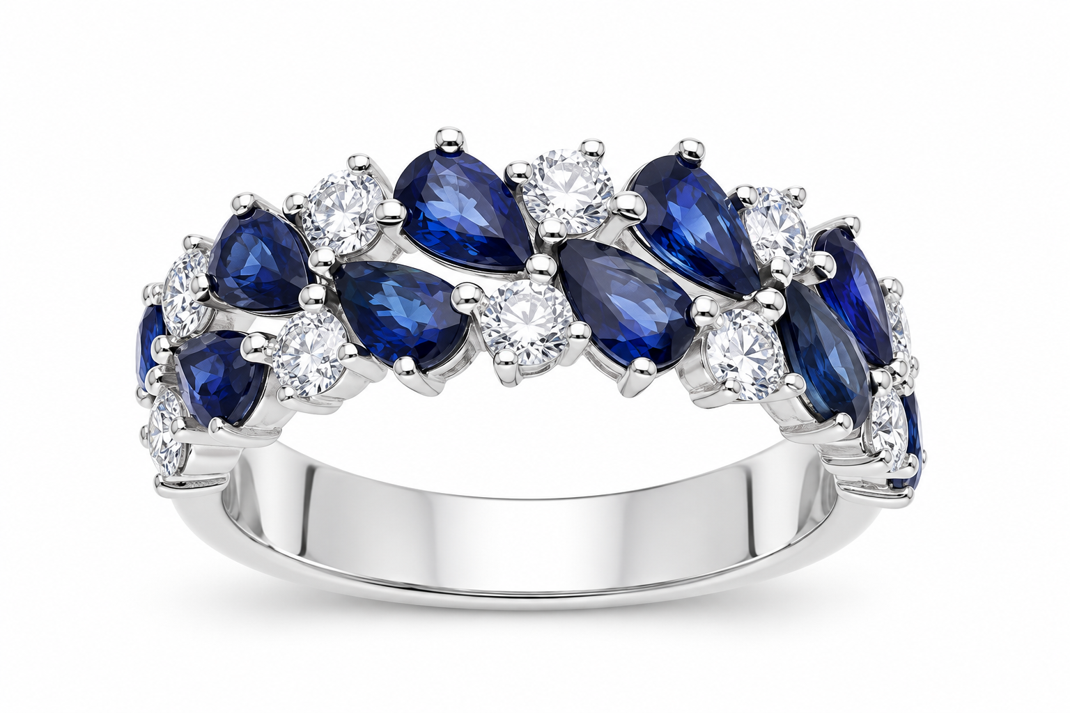 Pear-Cut Blue Sapphire & Diamond Cluster Band