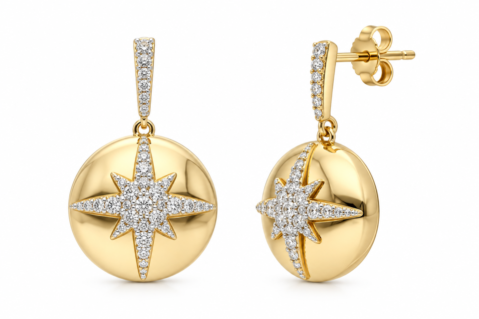 Diamond Starburst Medallion Drop Earrings