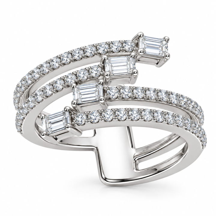 Baguette Diamond Bypass Wrap Ring in White Gold