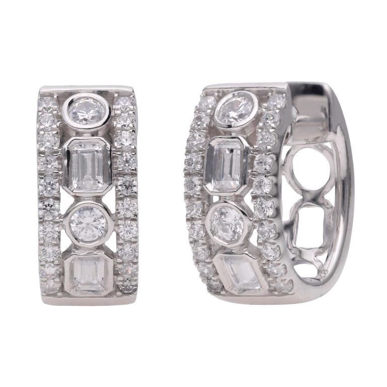 Geometric Mixed-Cut Diamond Hoop Earrings in White Gold