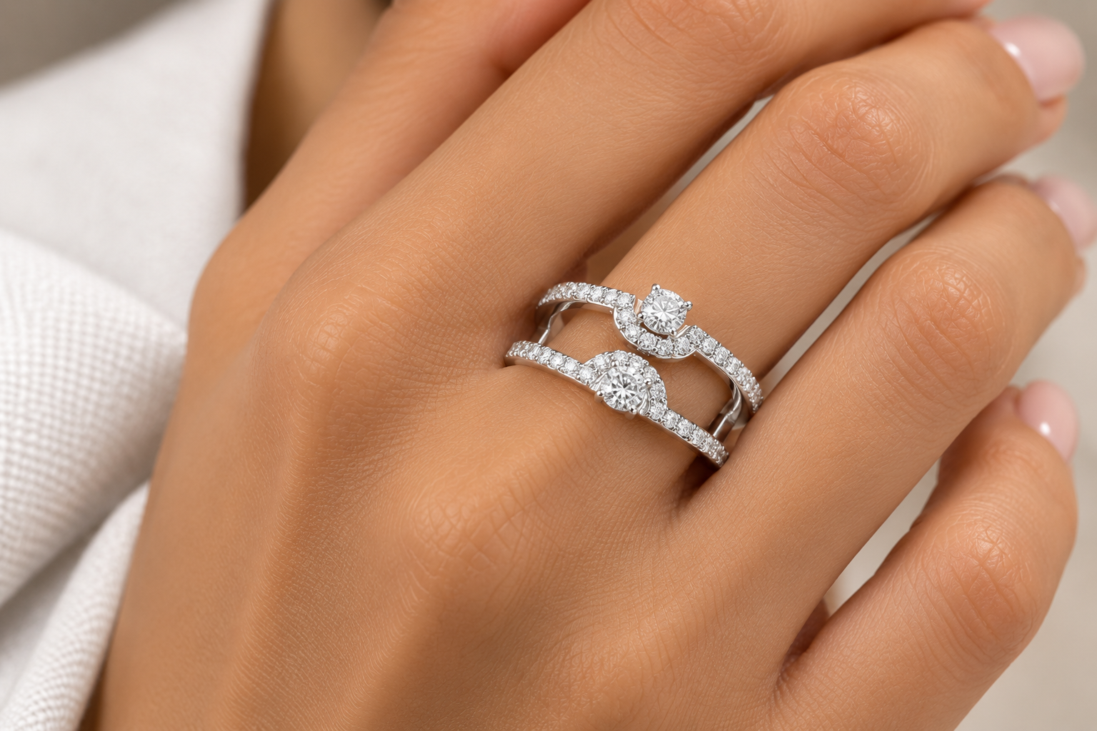 Double Row Diamond Bypass Ring in White Gold - Image 2