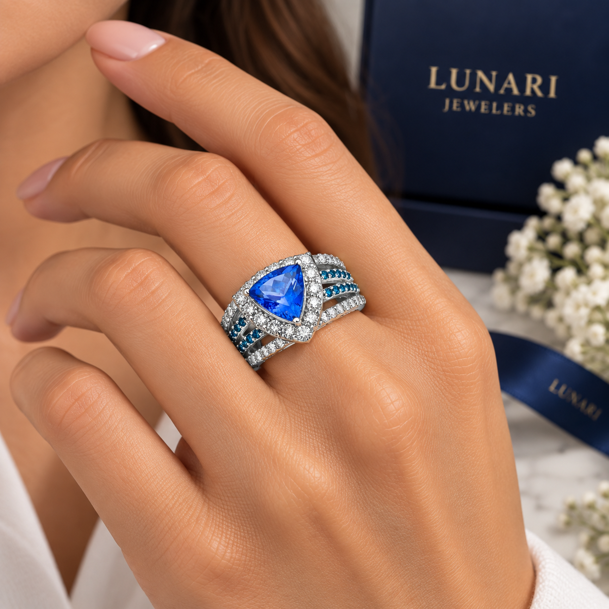 Trillion-Cut Blue Sapphire Diamond Halo Ring with Split Shank Accents - Image 2