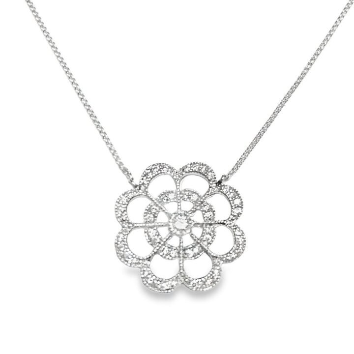 Open Petal Diamond Flower Pendant Necklace in White Gold