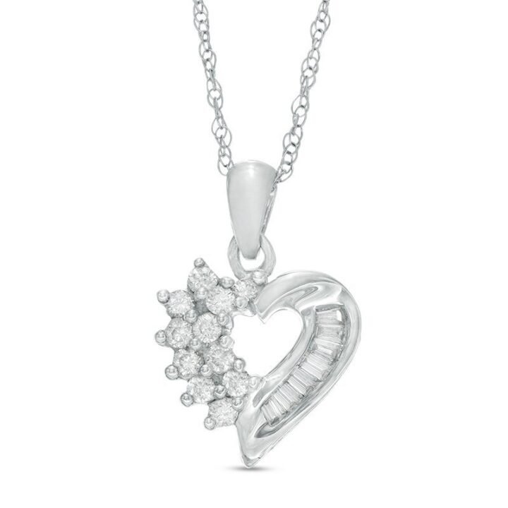 Half Cluster & Baguette Diamond Heart Pendant in White Gold