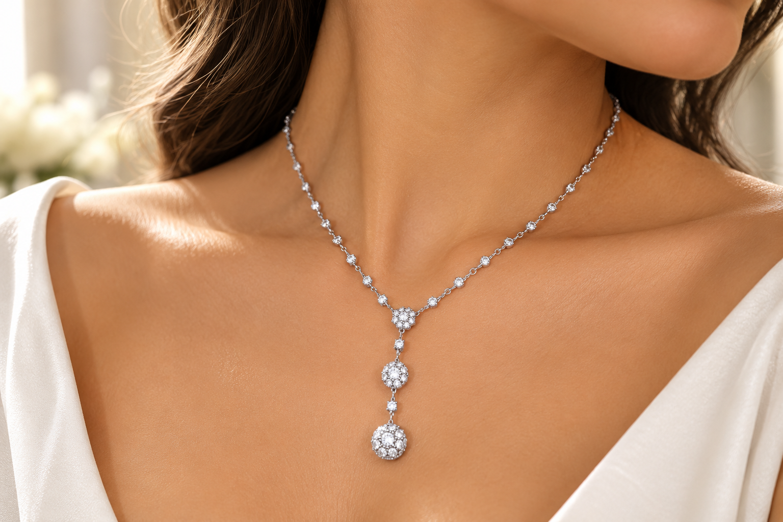Elegant Triple Halo Diamond Drop Necklace in White Gold - Image 2