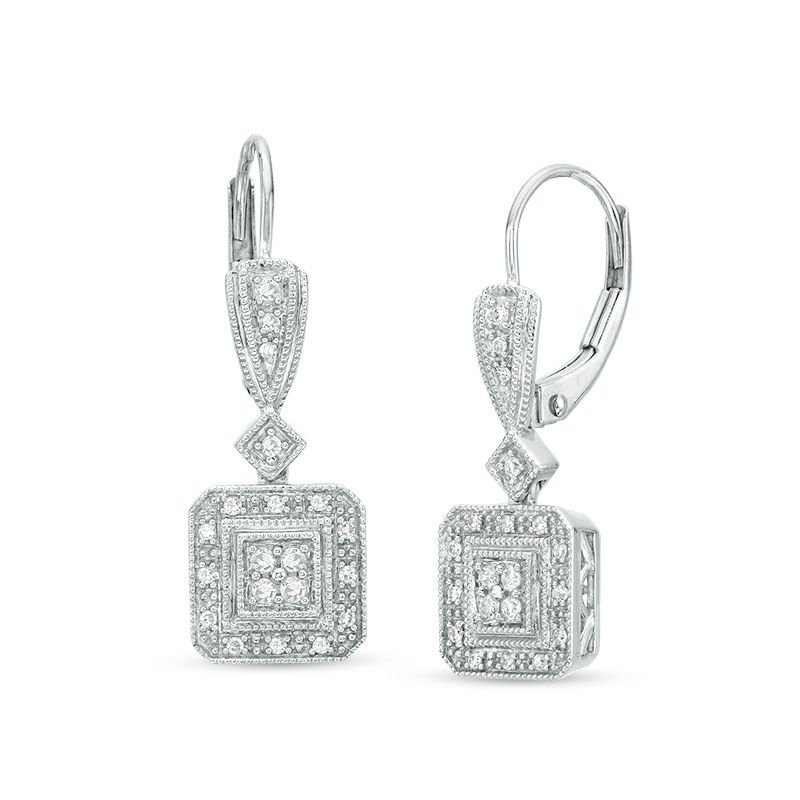 Vintage-Inspired Diamond Square Drop Earrings in White Gold