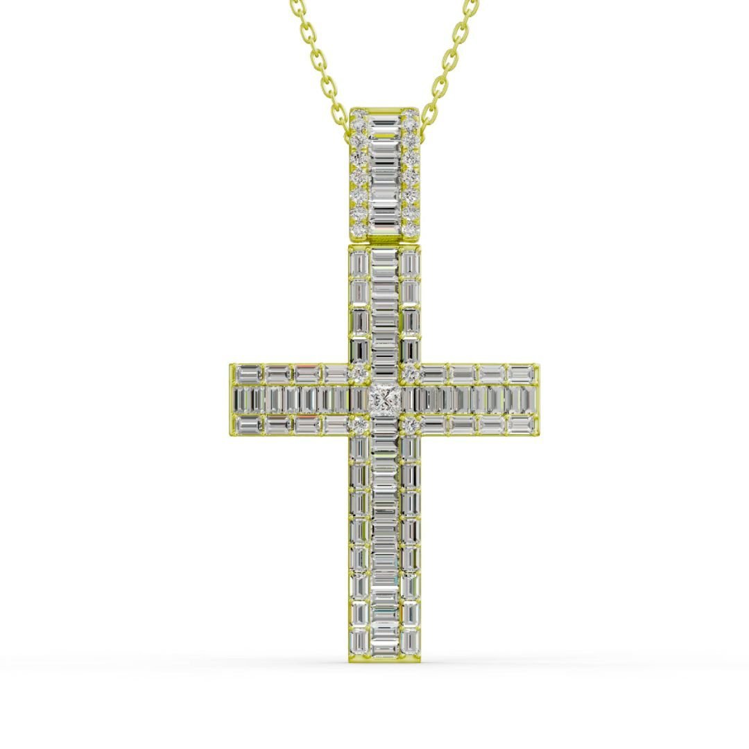 Yellow Gold Baguette Diamond Cross Pendant Necklace