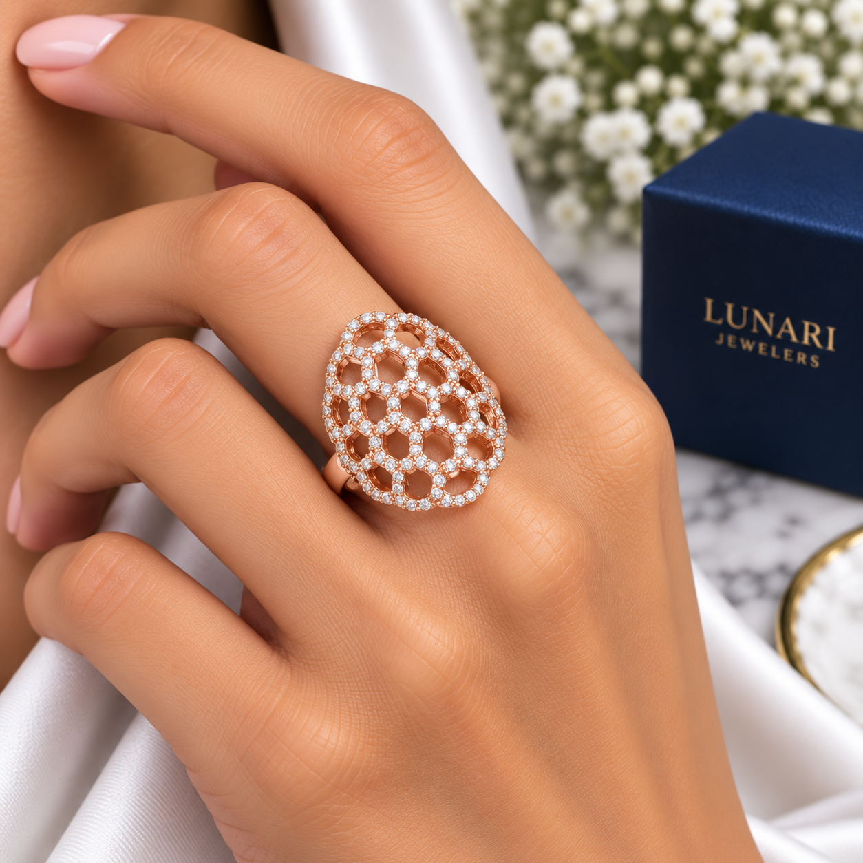 Rose Gold Diamond Honeycomb Statement Ring - Image 2