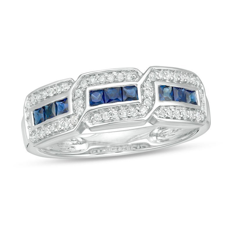 White Gold Blue Sapphire & Diamond Geometric Band Ring