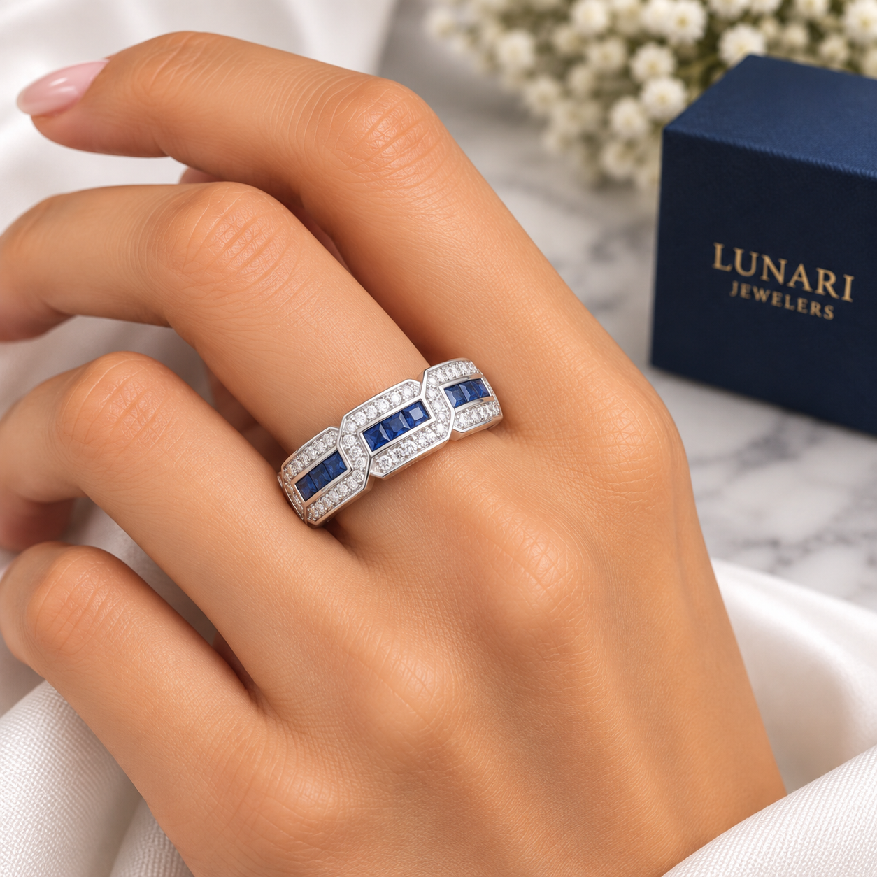 White Gold Blue Sapphire & Diamond Geometric Band Ring - Image 2