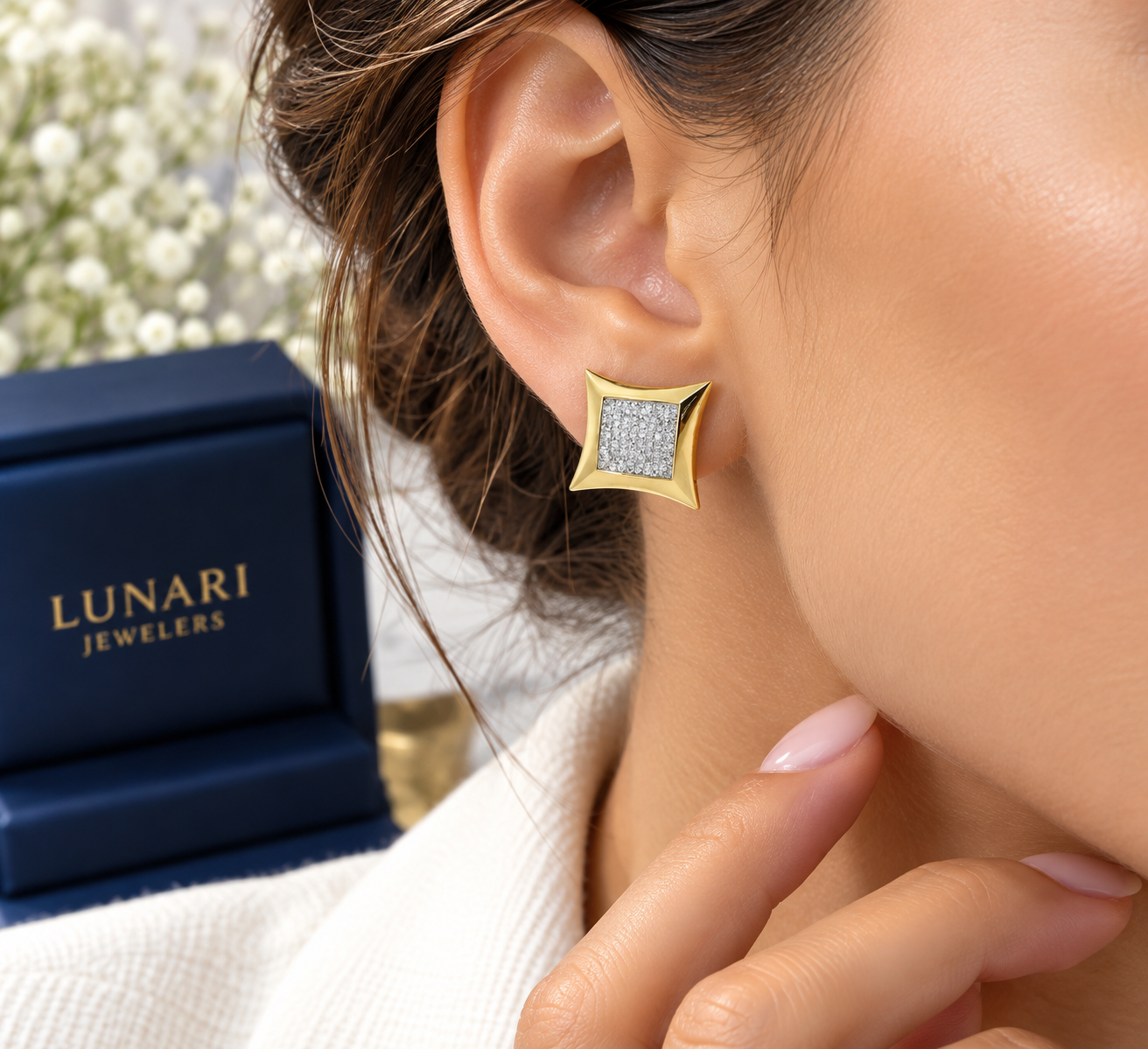 Yellow Gold Square Pavé Diamond Stud Earrings - Image 2