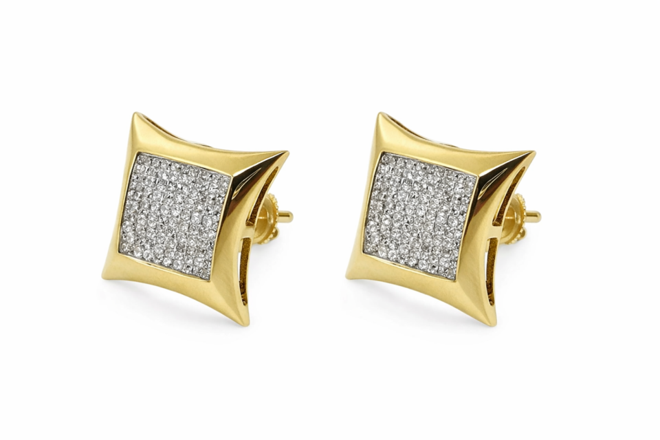 Yellow Gold Square Pavé Diamond Stud Earrings