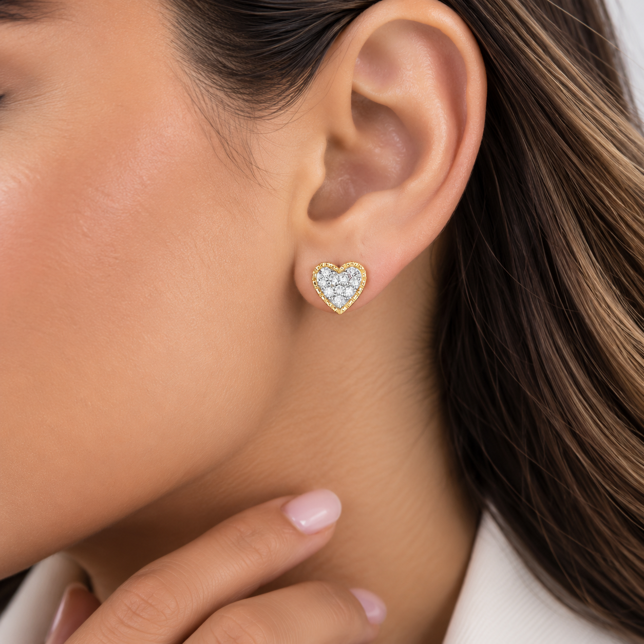 Yellow Gold Diamond Heart Stud Earrings - Image 2