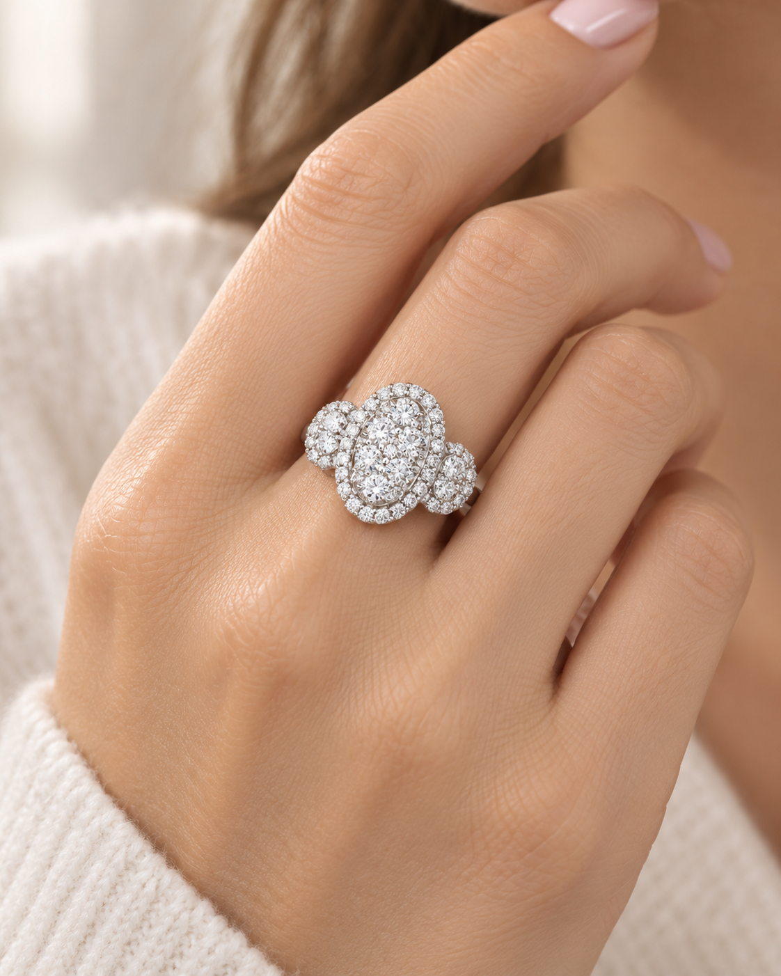White Gold Oval Diamond Cluster Halo Ring - Image 2