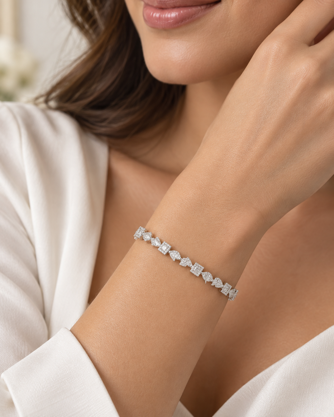 White Gold Baguette & Pear-Cut Diamond Tennis Bracelet - Image 2
