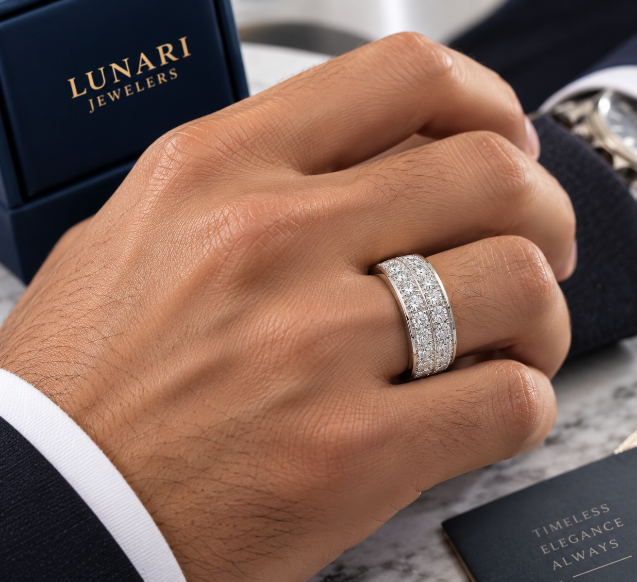 White Gold Double Row Diamond Pavé Band Ring - Image 2