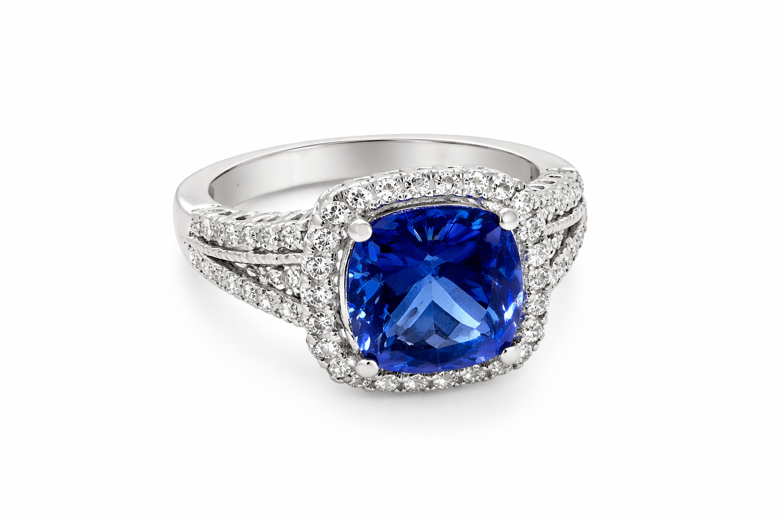 Cushion-Cut Tanzanite & Diamond Halo Ring with Accents