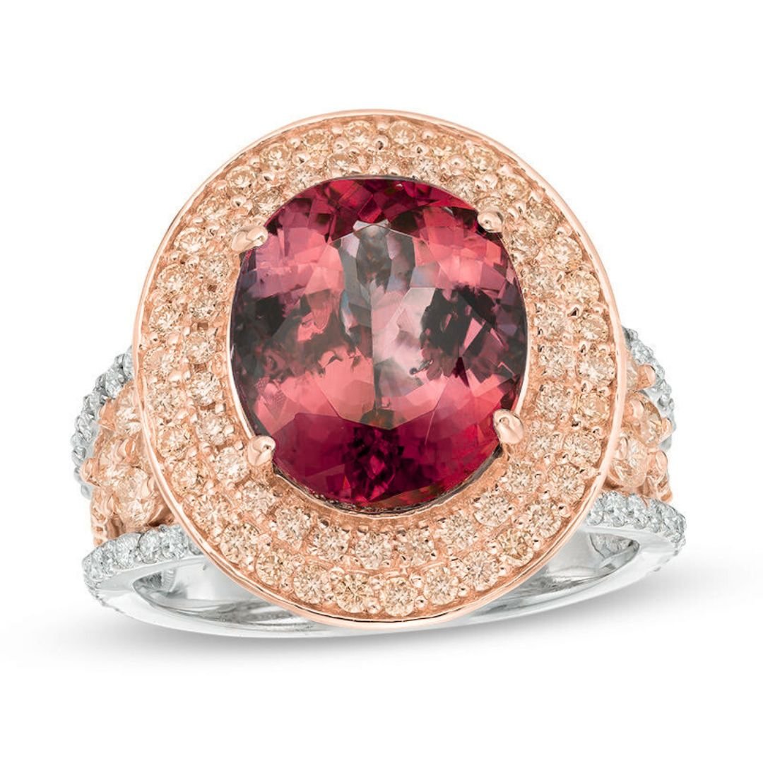 Rose Gold Pink Tourmaline Halo Ring with Diamond Accents