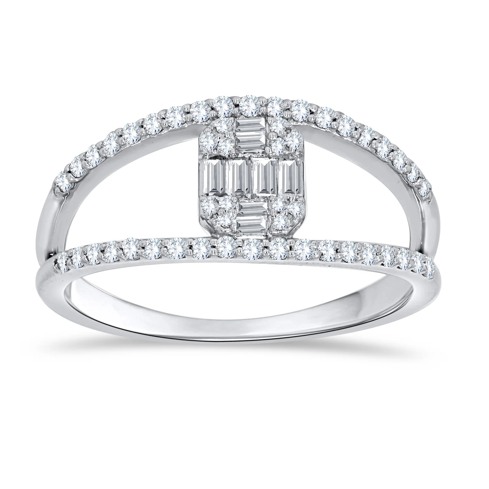 White Gold Baguette and Round Diamond Open Frame Ring