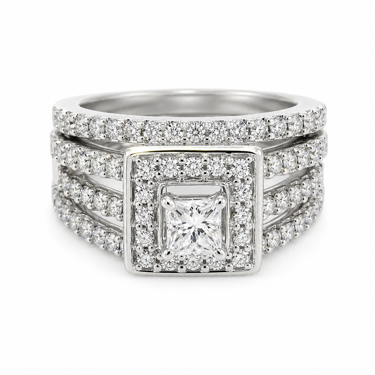 Princess-Cut Halo Square Triple Row Bridal Set