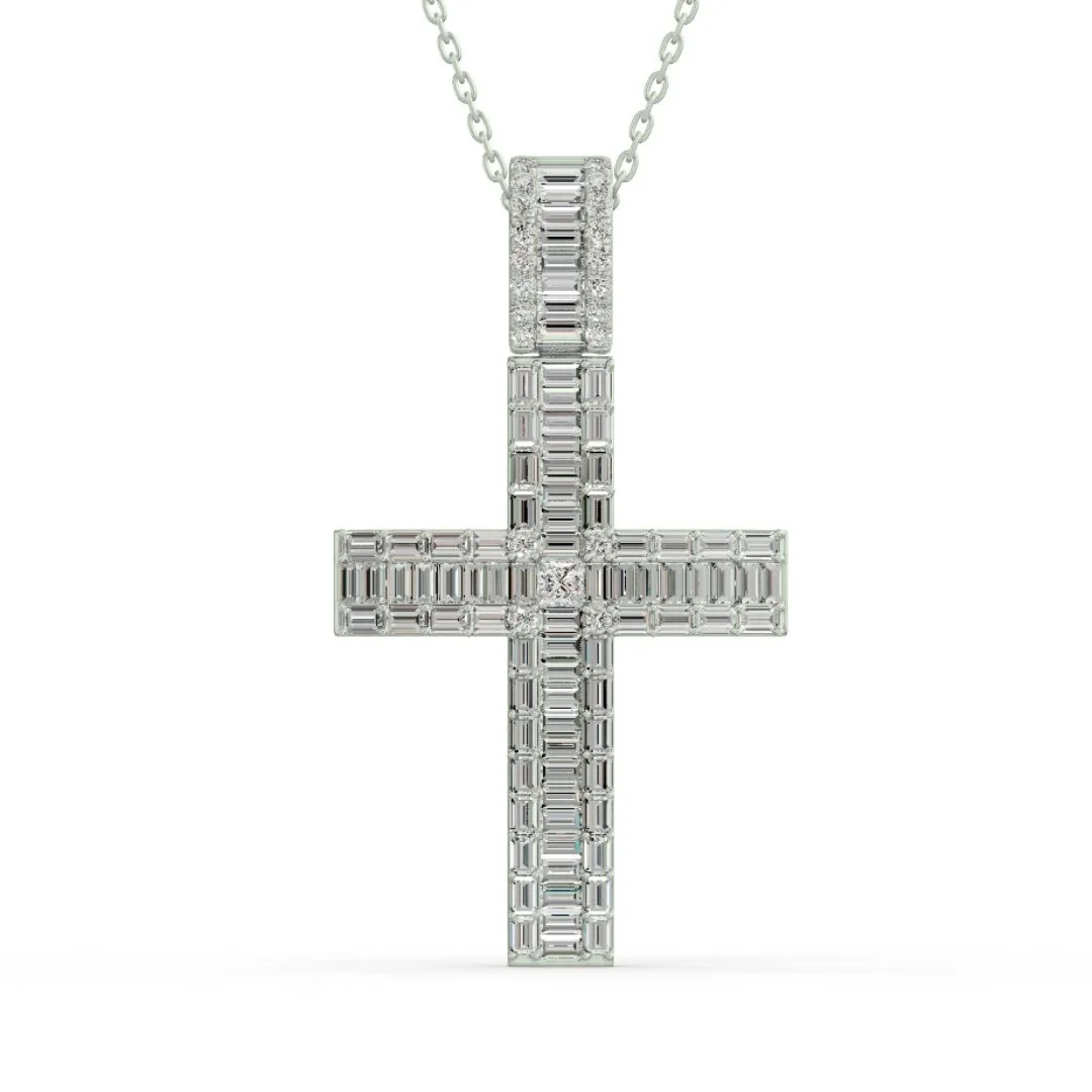White Gold Baguette Diamond Cross Pendant Necklace