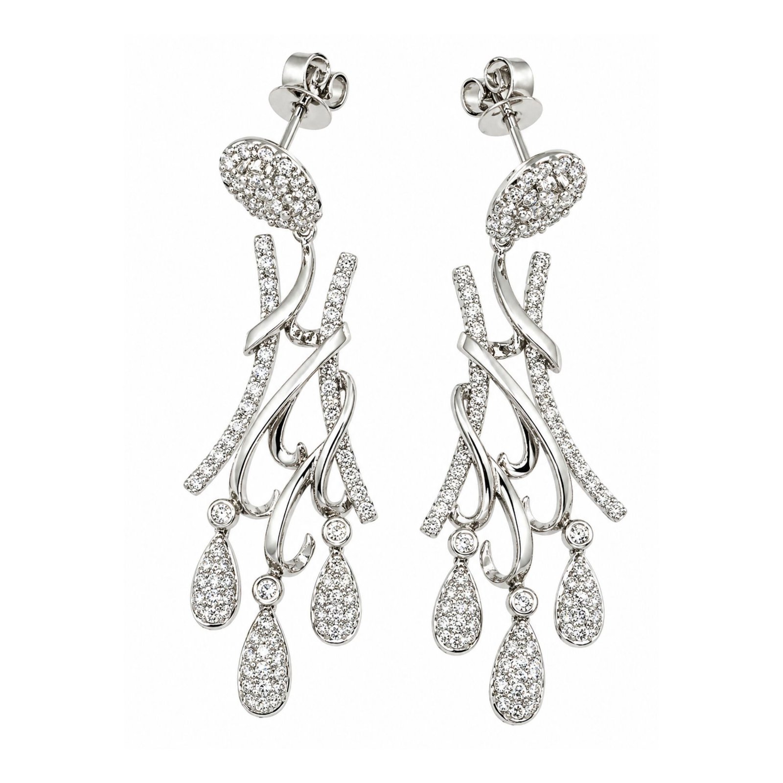 White Gold Diamond Drop Earrings with Pavé Accents